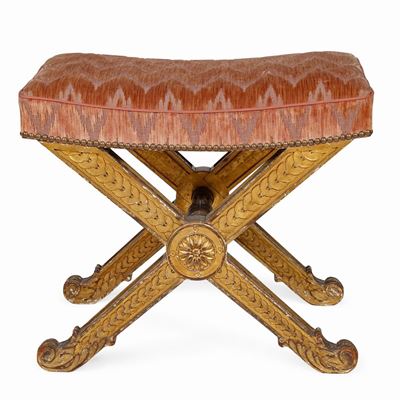 Sgabello Carlo X in Legno Intagliato e Dorato, XIX Secolo