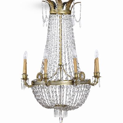 Lampadario a Mongolfiera a Otto Luci in Bronzo e Cristalli. XIX Secolo