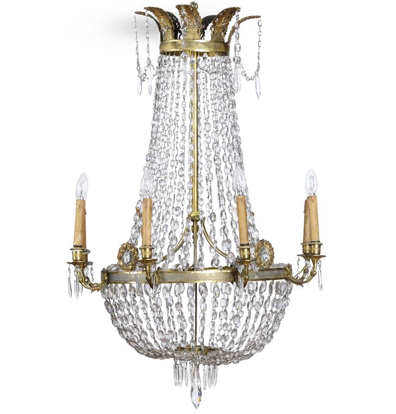 Lampadario a mongolfiera a otto luci in bronzo e cristalli. XIX secolo  - Asta Dimore Italiane - Cambi Casa d'Aste