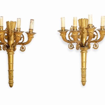 Coppia di Appliques in Bronzo Dorato a Quattro Luci. XIX Secolo