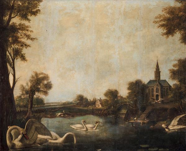 Scuola del XVII secolo Paesaggio con lago