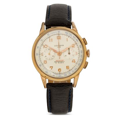 Cronografo Lemania 105 in Oro Giallo 18k, Due Contatori Quadrante Argentè, Carica Manuale, 37 MM