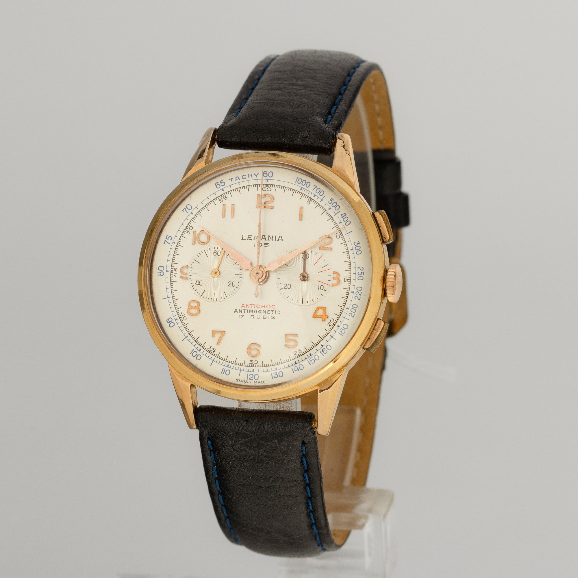 Cronografo Lemania 105 in Oro Giallo 18k, Due Contatori Quadrante Argentè, Carica Manuale, 37 MM
