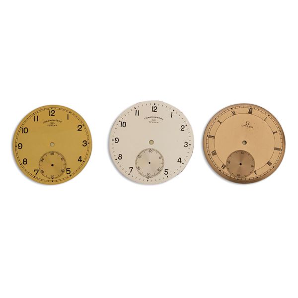 Lotto di tre quadranti:<BR>IWC champagne, 39,5 mm<BR>Omega salmone, 40,5 mm<BR>IWC argentè, 42 mm
