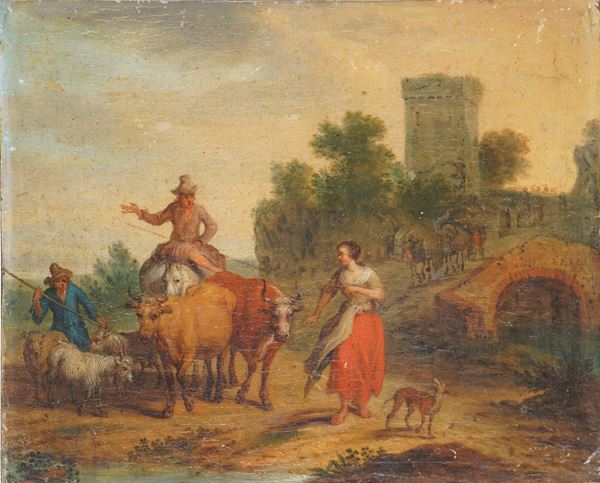 Scuola del XVIII secolo Paesaggio arcadico con pastori e armenti
