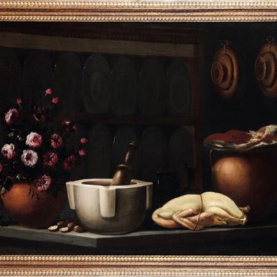 Interno di Cucina con Mortaio, Pollame e Vaso di Fiori