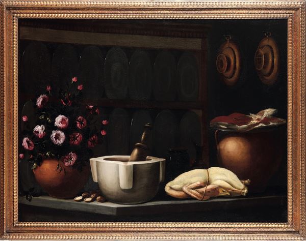 Astolfo Petrazzi - Interno di cucina con mortaio, pollame e vaso di fiori