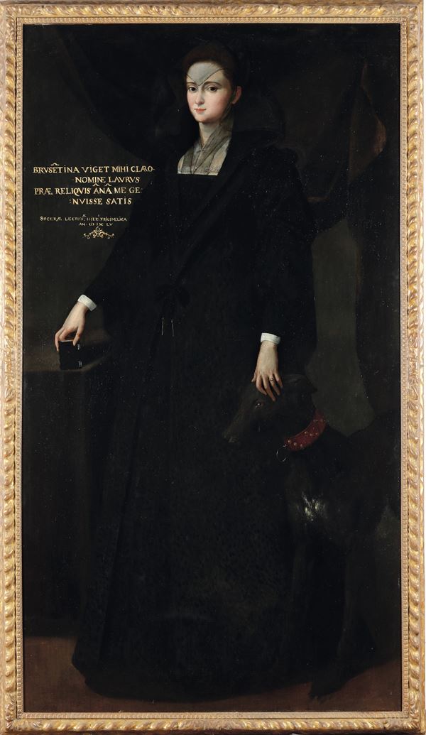 Ritratto di dama in abito nero con cagnolino