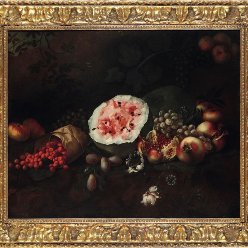 Tommaso Realfonso : Natura morta con anguria, frutti e fiori  - olio su tela - Asta Old Masters - Cambi Casa d'Aste