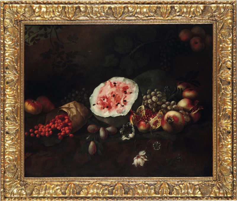 Tommaso Realfonso : Natura morta con anguria, frutti e fiori  - olio su tela - Auction Old Masters - Cambi Casa d'Aste
