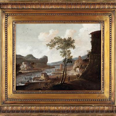 Paesaggio Fluviale con Rovine e Imbarcazioni