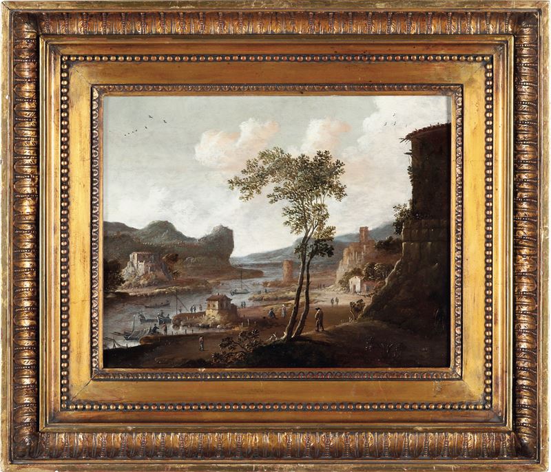 Dirck Verhaert : Paesaggio fluviale con rovine e imbarcazioni  - olio su tavola - Asta Pittura Antica - Cambi Casa d'Aste