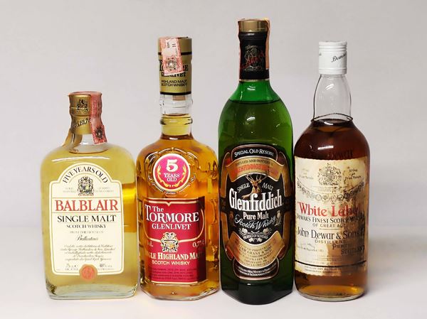 Balblair, Glenlivet, Glenfiddich, White Label, Scoth Whisky