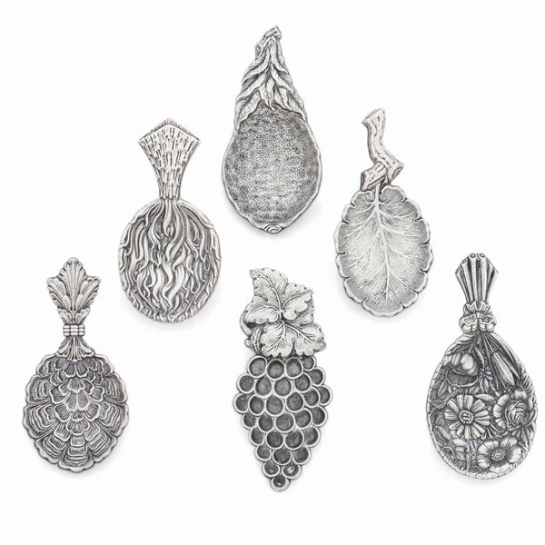 Sei cucchiai a foggia naturalistica. Argentiere Clementi, Bologna per Maison Gianmaria Buccellati. Italia XX-XXI secolo