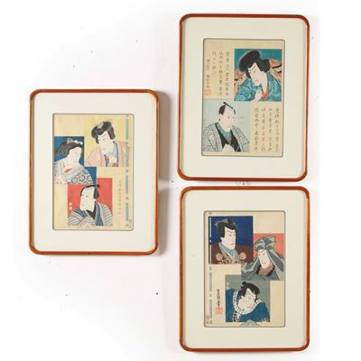 Utagawa Kunisada, Tre xilografie acquerellate raffiguranti personaggi, Giappone, periodo Meiji (1...