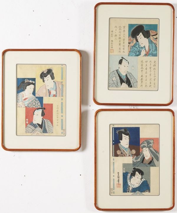 Tre xolografie acquerellateraffiguranti personaggi, Giapone, periodo Meiji (1868-1912)