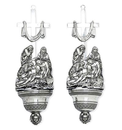 Panizza Tommaso, Coppia di acquasantiere in argento fuso e sagomato, Milano, XIX secolo
