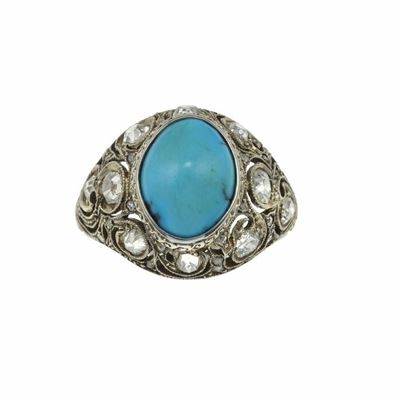 Anello con Turchese e Piccoli Diamanti di Vecchio Taglio