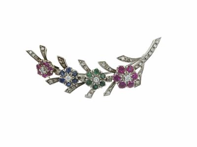 Spilla con Fiori in Diamanti, Zaffiri, Rubini e Smeraldi