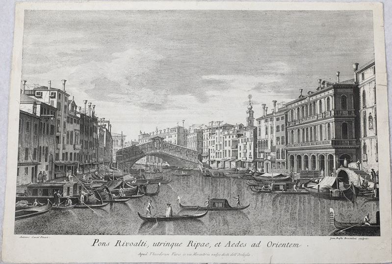 Giambattista Brustolon-Canaletto. Pons Rivoalti, utrinque Ripae, et Aedes ad Orientem... apud Theodorum Vieco, secolo XVI.  - Asta Libri antichi e rari, Stampe, Vedute e Mappe - Cambi Casa d'Aste