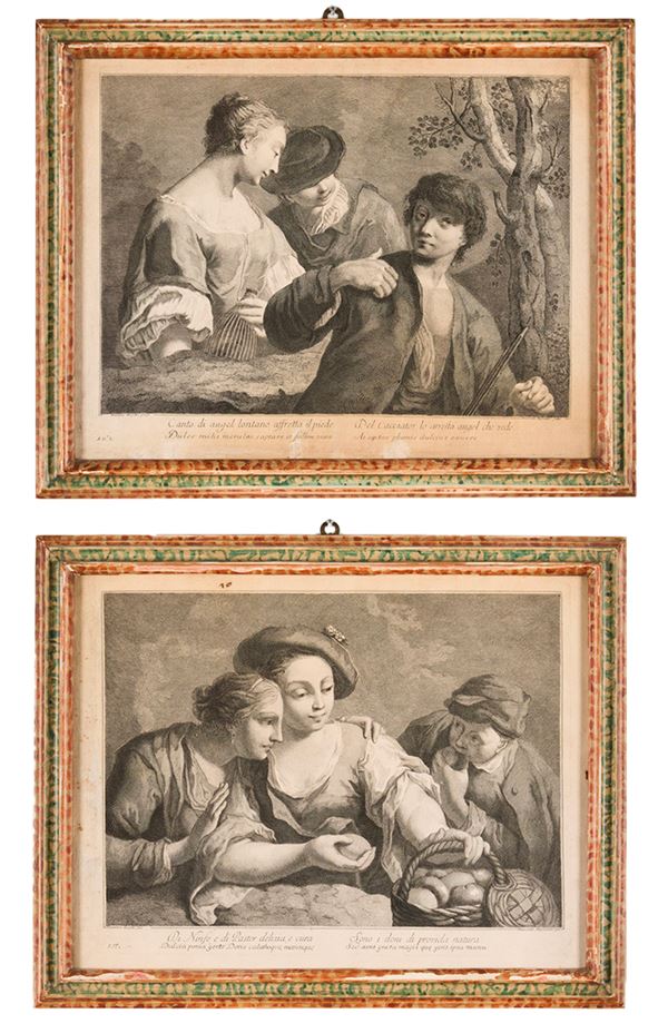 Alessandri Innocente- Domenico Maggiotto. Donna con canestro di frutta-donna con due cacciatori, Venezia secolo XVIII