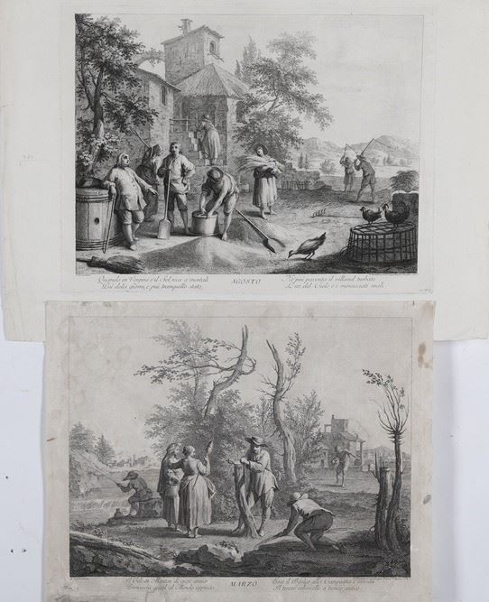 Bartolozzi Francesco-Zocchi Giuseppe-Joseph Wagner. Due incisione della serie dei mesi: marzo e agosto, Venezia secolo XVIII.
