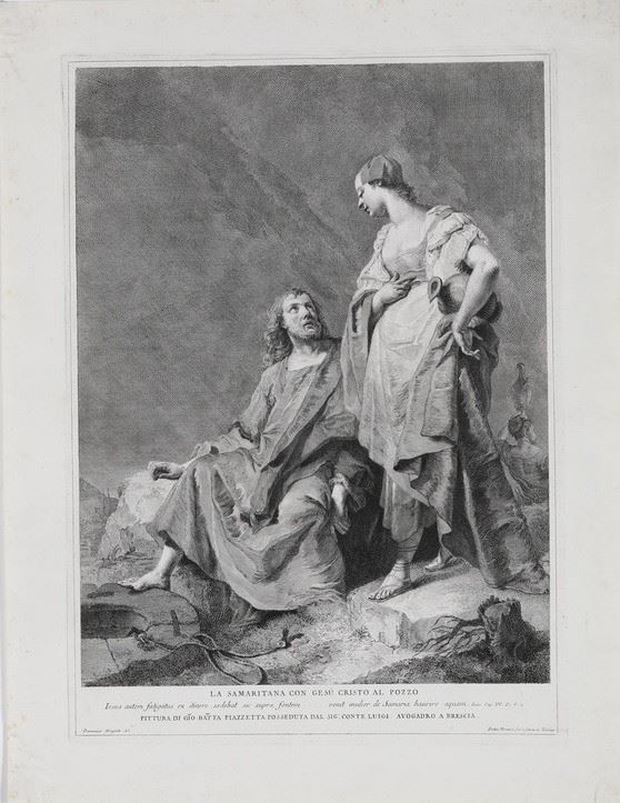 Pietro Monaco-Domenico Maggiotto. La samaritana con Gesù Cristo al pozzo. Incisione eseguita da Maggiotto per riprodurre un quadro di Giovan Battista Piazzetta.  - Asta Stampe, Vedute e Carte Geografiche - Cambi Casa d'Aste