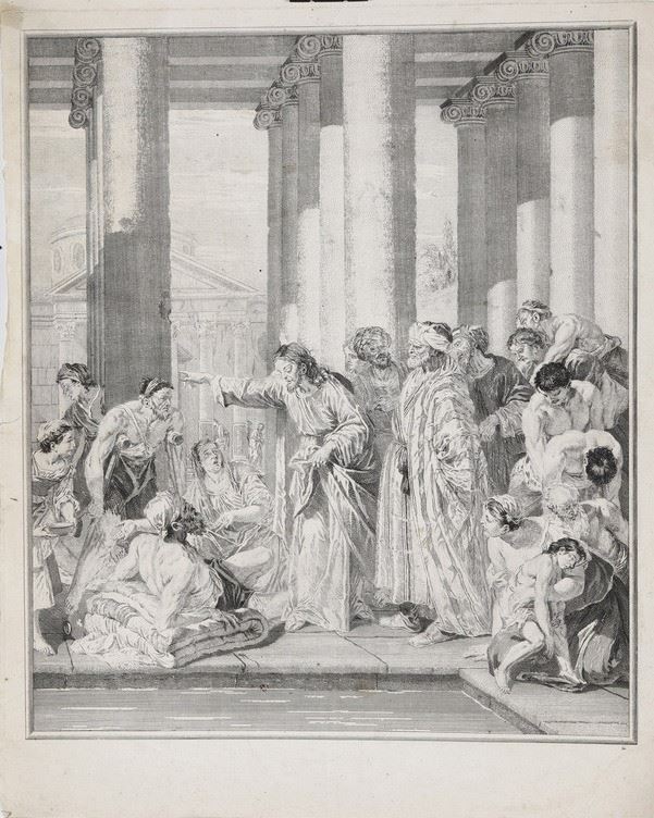 Anonimo-scuola veneta del secolo XVIII. Alzati e cammina-rappresentazione del celebre episodio tratto dai vangeli.  - Asta Stampe, Vedute e Carte Geografiche - Cambi Casa d'Aste