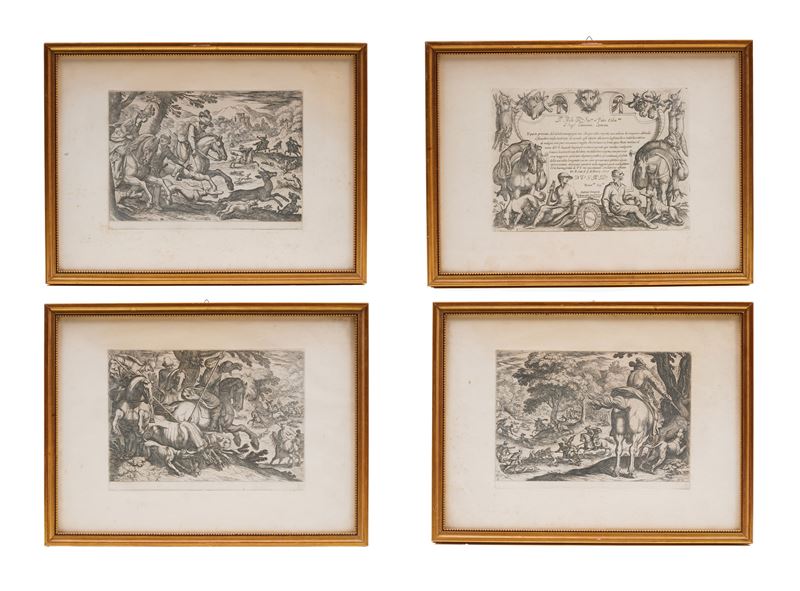 Tempesta Antonio. Scene di caccia. Frontespizio, Caccia al Bufalo, Caccia al cervo, Caccia al lupo e al cervo, Caccia cinghiale, Caccia al leone, Caccia all'orso, Caccia al cinghiale.  - Auction Prints, Views and Maps - Cambi Casa d'Aste