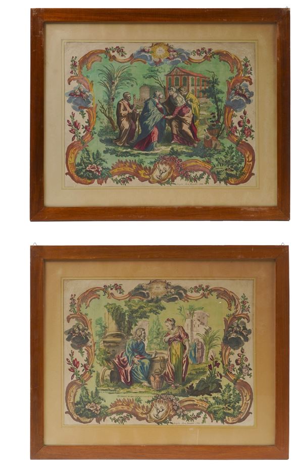 Daudet. Coppia di stampe francesi. Gesù al pozzo- La visitazione, Lione secolo XVIII