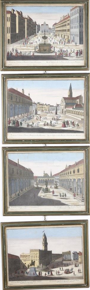 Firenze-vedute ottiche. Quattro vedute ottiche in bella coloritura. Francia, secolo XVIII.