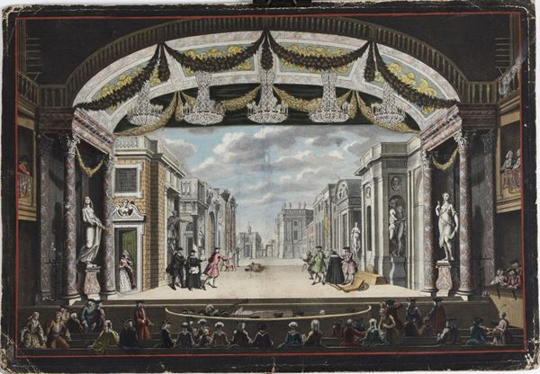 De Italiaansche Straat. Scenografia teatrale raffigurante strada italiana, Olanda secolo XVIII.