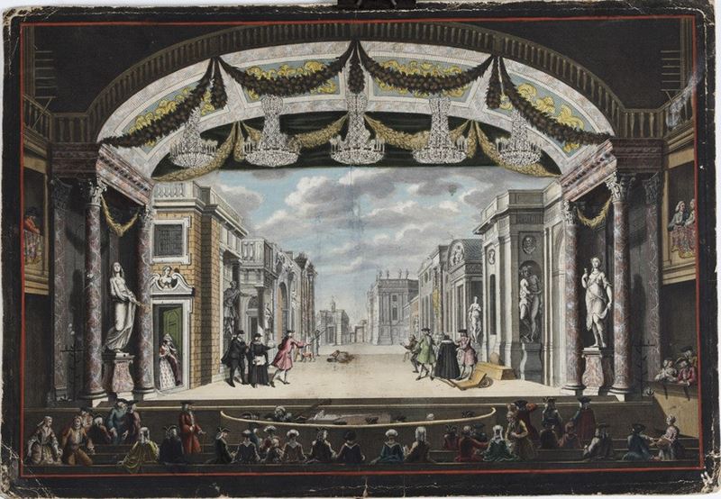 De Italiaansche Straat. Scenografia teatrale raffigurante strada italiana, Olanda secolo XVIII.  - Auction Prints, Views and Maps - Cambi Casa d'Aste
