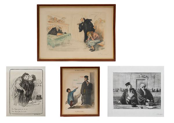 Gruppo di 4 caricature satiriche di avvocati e giudici (Daumier)
