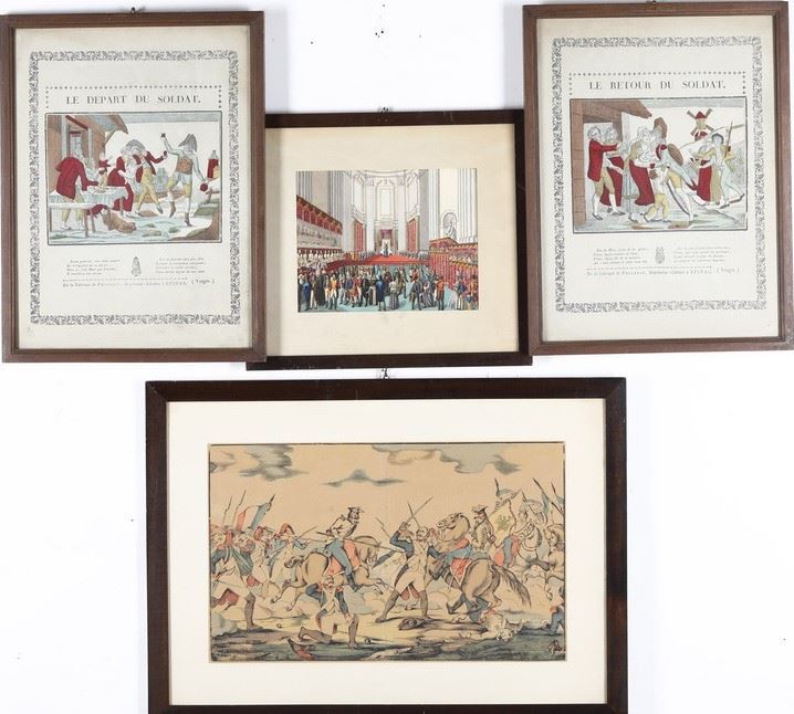Francia, soggetti militari 4 Stampe Francesi con soggetti militari: partenza del soldato, ritorno del soldato, scena di battaglia, cerimonia... Francia, secolo XIX.  - Auction Prints, Views and Maps - Cambi Casa d'Aste