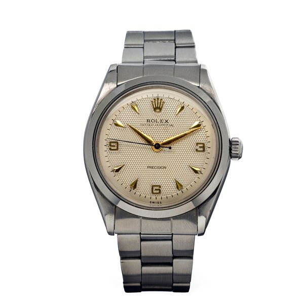 Rolex - Rare Super precision ref 5500 with silver guilloche dial, stainless steel Oyster case, automatic movement