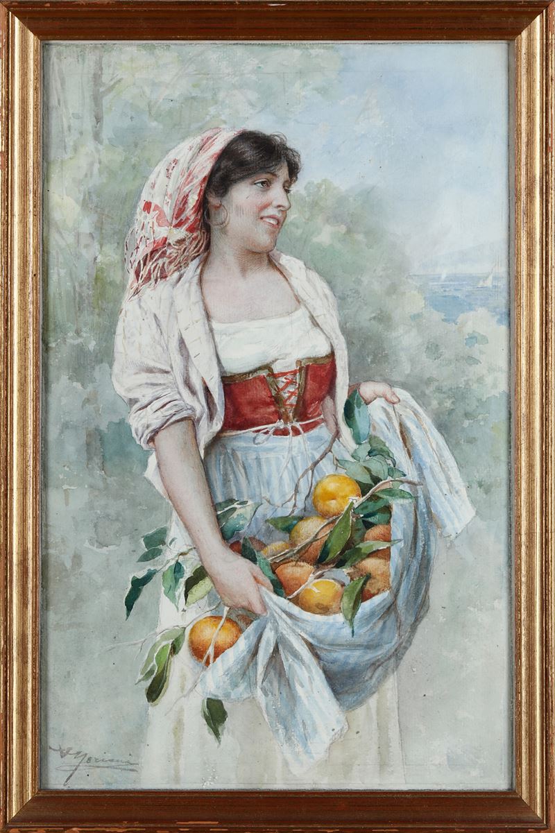 Pittore del XIX-XX secolo Popolana con cesto di frutta  - acquerello - Auction Paintings from the 19th-20th centuries - Cambi Casa d'Aste