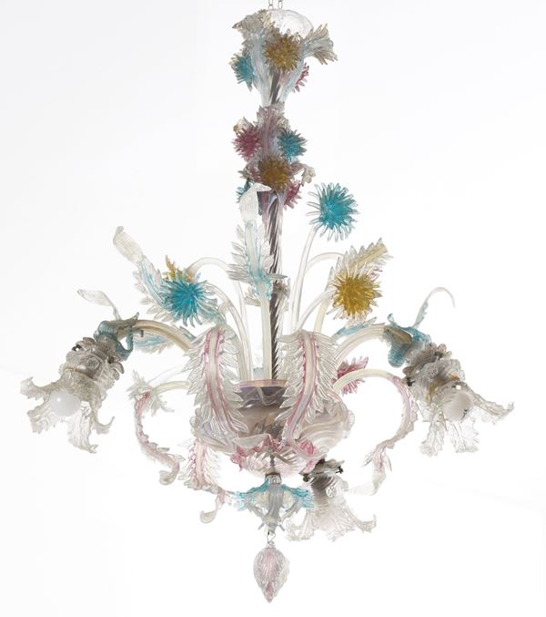 Lampadario a tre luci in vetri di Murano. XX secolo