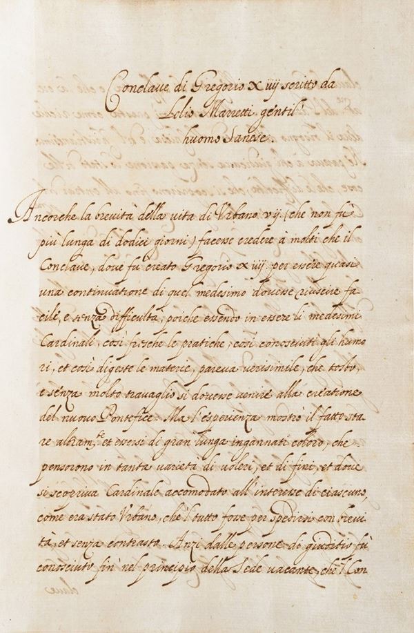 Marretti Lelio. Conclave di Gregorio XIV, scritto da Lilio Marretti gentil Huomo sanese. Manoscritto cartaceo del secolo XVII.