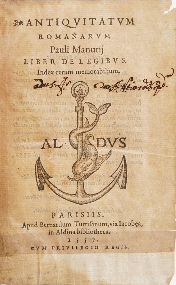 Manuzio Paolo. Antiquitatum romanarum... liber de legibus...Parigi, Berardo Torresani, 1557.