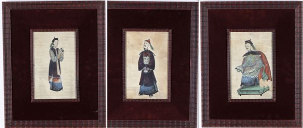 Tre dipinti su carta raffiguranti dignitari, Cina, Canton, Dinastia Qing, XIX secolo