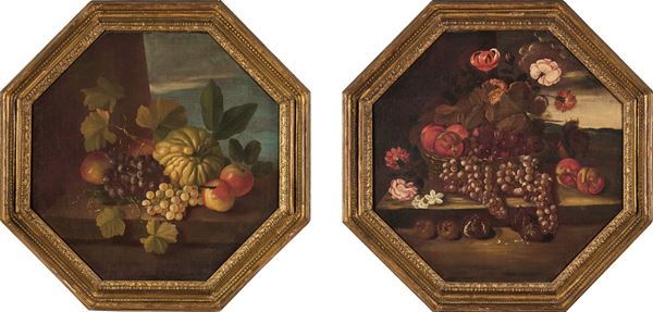 Scuola del XVIII secolo Nature morte con composizioni di fiori e frutti