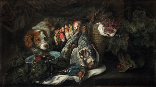 Natura morta con ortaggi, cane e cacciagione