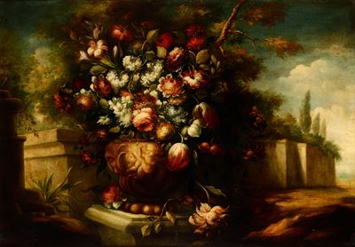 Scuola del XVIII Secolo Natura Morta con Vaso di Fiori Entro Paesaggio