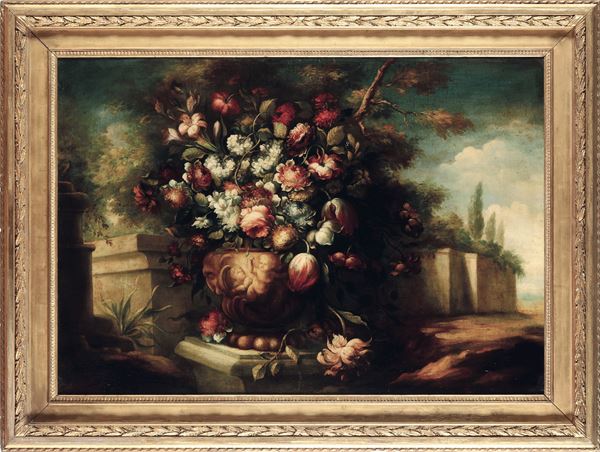 Scuola del XVIII secolo Natura morta con vaso di fiori entro paesaggio
