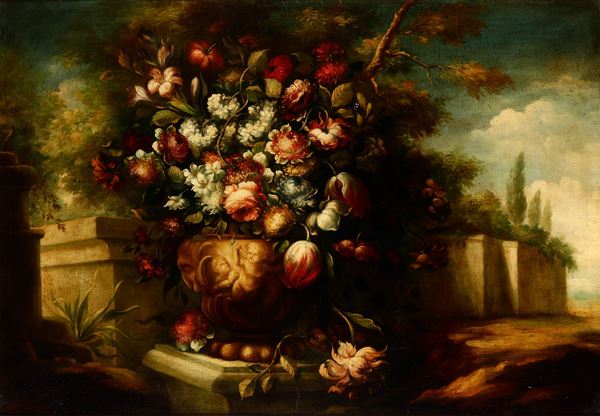 Scuola del XVIII secolo Natura morta con vaso di fiori entro paesaggio