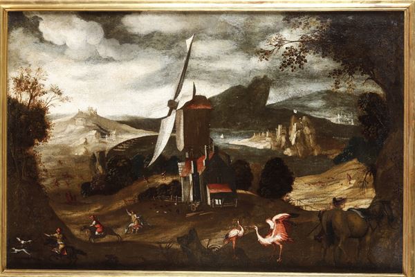 Scuola fiamminga del XVII secolo Paesaggio con mulino e cacciatori