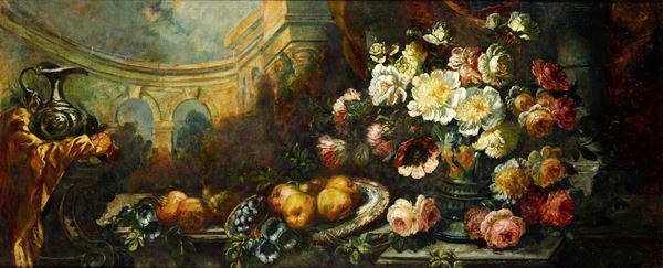 Scuola del XIX secolo Natura morta con fiori e frutti