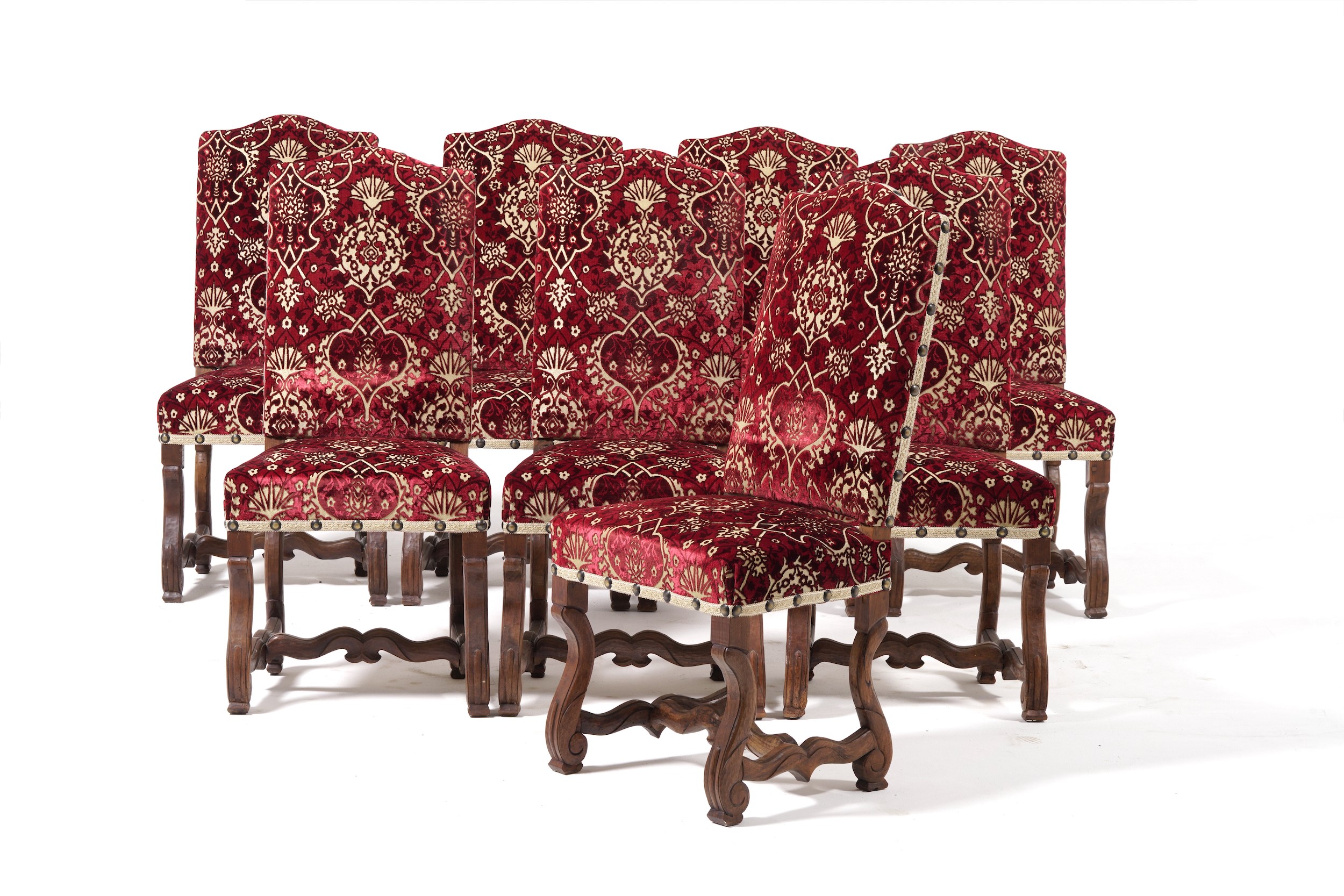 Otto Sedie e Due Poltrone Rivestite in Tessuto Rosso Damascato