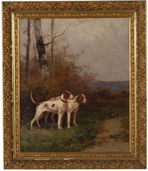 Pittore del XIX-XX secolo Paesaggio con cani